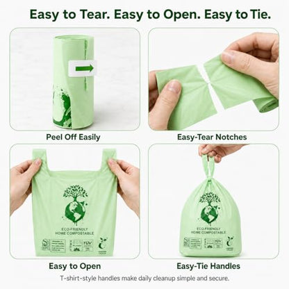 Home Compostable Dog Poop Bags, BPI & OK Compost HOME Certified | 0.6 Gallon, Thick Gusseted Unscented, 80ct, LeakProof T-Shirt Handles for Easy Knotting, Suitable for Small Medium Large Dogs