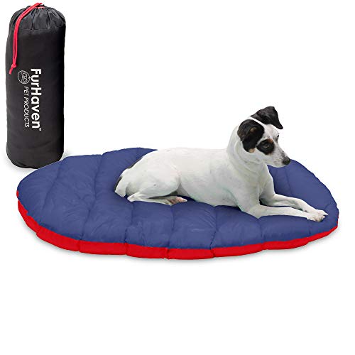 Furhaven Outdoor Travel Dog Bed for Small Dogs w/ Carry Bag, Washable & Foldable, Great for Crates & Kennels - Trail Pup Travel Pillow Mat w/ Stuff Sack Bag - Flame Red/True Blue, Small - color: Flame Red/True Blue, size: Small