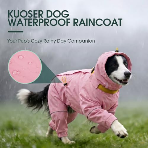 Kouser Waterproof Full-Body Coverage Dog Raincoat, Pink 2XL | Dog Raincoat with Reflective Stripes, Adjustable Dog Rain Jacket with Leash D-Ring, Hooded Poncho for Small Medium Large Dogs - color: Pink, size: XX-Large(Back Length:23.62")