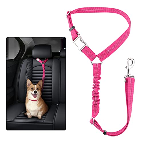 Plutus Pet Dog Seat Belt for Car Headrest, Reflective and Adjustable Restraint with Elastic Bungee for Safety, Vehicle Seatbelt Harness for Small Medium Large Dogs and Cats - color: Pink
