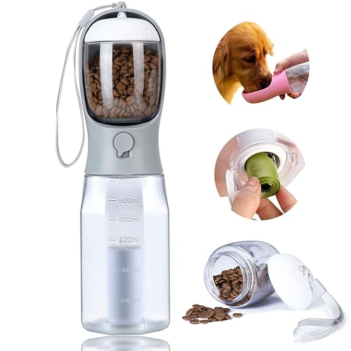 Dog Water Bottle with Food Container, Portable Pet Dog Water Dispenser for Outdoor Walking,Hiking,Travel,Puppy Essentials,Puppy Supplies,Replaceable Waste Bags - color: Grey, size: 20oz