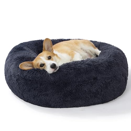 SAVFOX 30 inches Calming Donut Dog Bed - 3X Durable Plush Faux Fur, Machine Washable & Non-Slip, Fits up to 45 lbs, Dark Grey - color: Dark Grey, size: Medium | 30"x30"