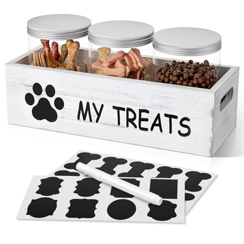 qeerable Dog Treat Container for Countertop - Dog Food Storage with 3 Jars - Pet Food Organizer For Puppy - Airtight White Wooden Dog Treat Storage With Lids - Great Gift for Pet Dog Owners - color: White