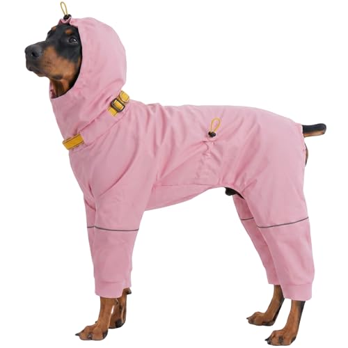 Kouser Waterproof Full-Body Coverage Dog Raincoat, Pink 2XL | Dog Raincoat with Reflective Stripes, Adjustable Dog Rain Jacket with Leash D-Ring, Hooded Poncho for Small Medium Large Dogs - color: Pink, size: XX-Large(Back Length:23.62")