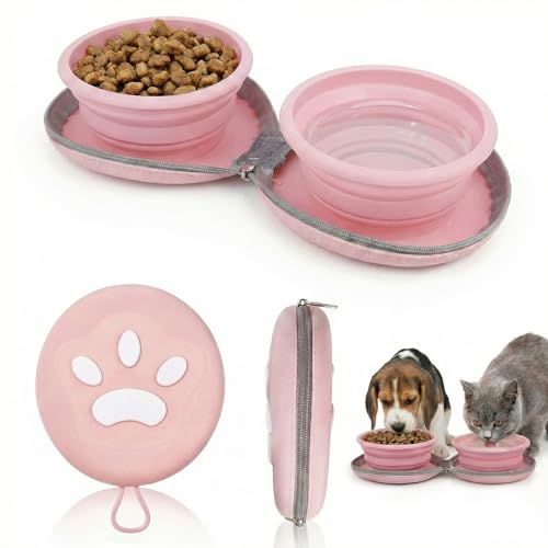 2-in-1 Collapsible Dog Bowl with Built-in Silicone Hook, Portable Travel Pet Water & Food Dish, BPA-Free Double Foldable Bowls for Camping, Hiking and Car Trips, Non-Slip (Pink) - color: pink