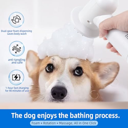 Electric Rotating Massage Dog Shampoo Spray Dispenser with Foam Brush [2026 Upgraded Version] Dual-core Electric pet Bath Brush | 2-Speed Variable Frequency SPA × Double Bubbles
