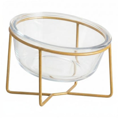 Small Glass Tilted Elevated Cat Dog Bowl Raised Cat Food Water Bowl Dish Pet Comfort Feeding Bowls with Gold Iron Stand - color: Glass, size: Small