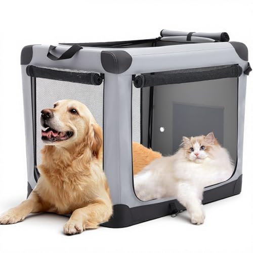 DUMOS Dog Crate 36 Inch Travel Cat Pet Carrier for Medium Large Dog, Portable Foldable Soft Pet Crate with Storage Bag & Washable Pad for Indoor Outdoor Dog Kennel Carrier (L-70lbs, Grey) - color: Grey, size: 36 Inch