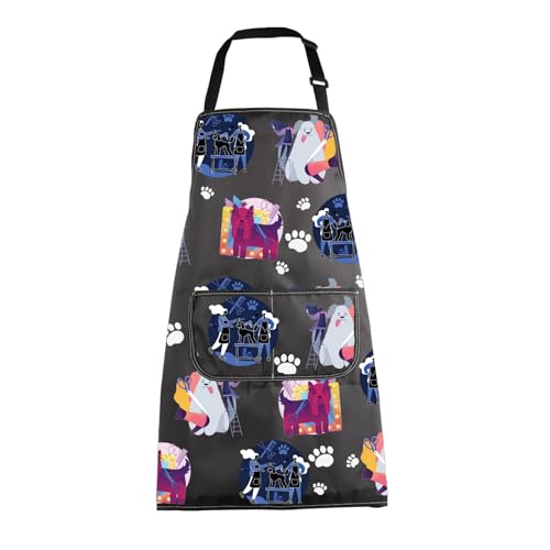 MBMSO Dog Groomer Apron - Colorful Dog Print Art Bib Aprons with Pockets