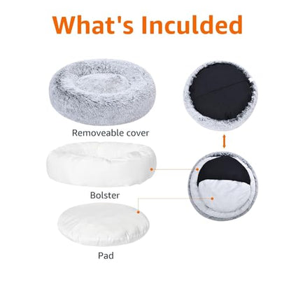 Amazon Basics Washable Donut Pet Bolster Faux Fur Bed with Removable Cover, Anti-Slip Bottom for Dog, Grey, 23" x 23" - color: Grey, size: 23" x 23"