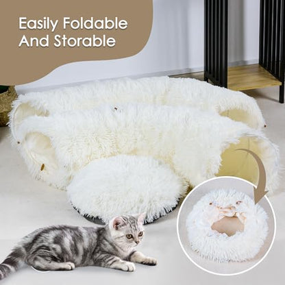 Cat Tunnel Bed for Indoor Cats, Peekaboo Cat Cave with Washable Soft Play Mat, Furry Cat Tube, for Kitten/Puppy/Rabbit, Beige - color: Beige