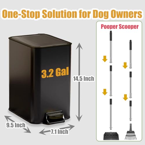 Metal Dog Pooper Scooper for Yard - 3.2Gal Dog Poop Trash Can Outside with Pedal - Pet Waste Container Outdoor - Stainless Steel Garbage Bucket with Lid - Trash Bin, Long Handle Tray and Rake - Black