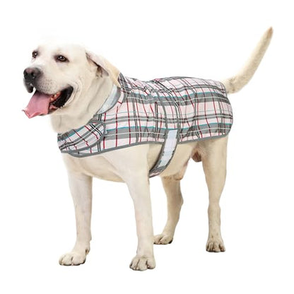 Dog Raincoat for Large Dogs Waterproof Jacket Hooded Rain Coats with Reflective Strips Leash Hole & Poncho Adjustable Fit (Plaid,XXL) - color: Khaki Plaid, size: XX-Large