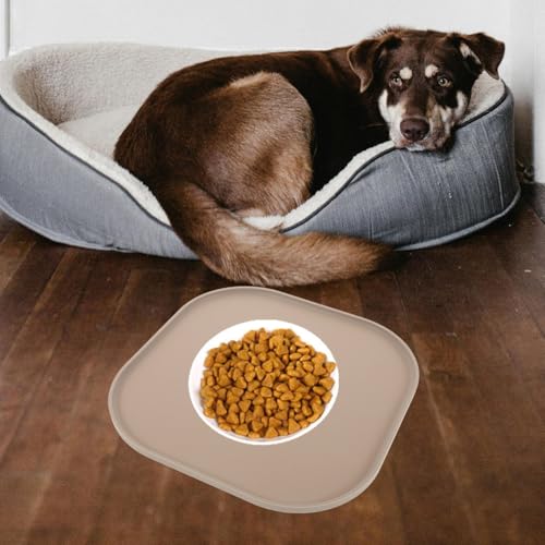 Mikikit Silicone Pet Feeding Mat for Dog Food and Cat Bowl, Waterproof Spill Proof Placemat with Raised Edges, Non Slip Floor Protector Pad, Coffee
