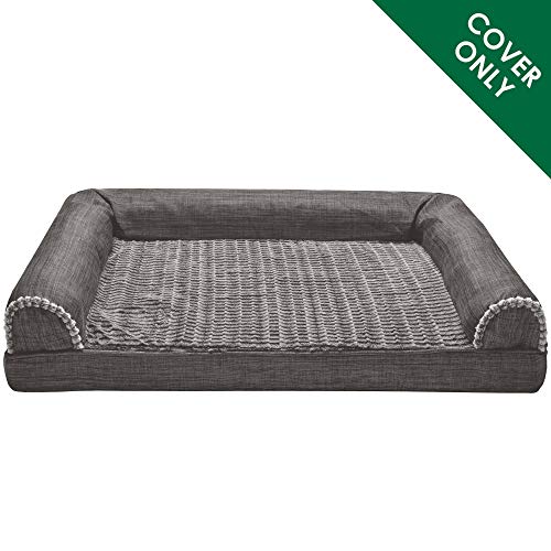 Furhaven Replacement Dog Bed Cover Luxe Faux Fur & Performance Linen Sofa-Style, Machine Washable - Charcoal, Medium - color: Charcoal, size: Medium