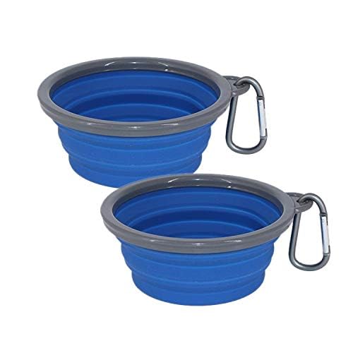 Collapsible Portable Silicone Big Dog Bowls,2 Pack,34 oz/Each Bowl,Silicone Basic Bowl with Plastic Rim and D-Ring,Foldable Travel pet Feeder,Portable Basic Bowl for Dog (Blue) - color: blue