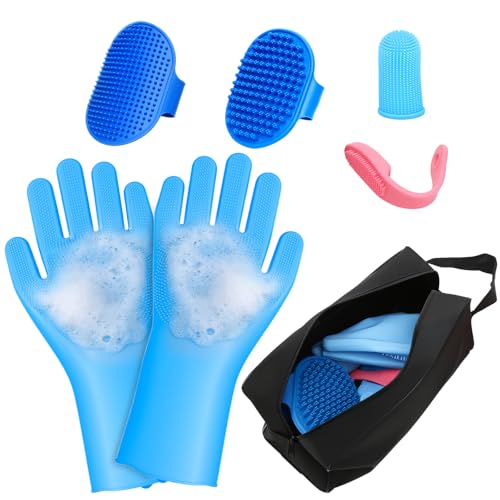 7 PCS Pet Grooming Kit for Dogs and Cats | Dog Washing Gloves | Dog Bath Brush | Cleanroom Gloves | Dog Shampoo Brush | Finger Toothbrushes | Storage Bag | All-in-One Pet Care (Ocean Blue) - color: Ocean Blue