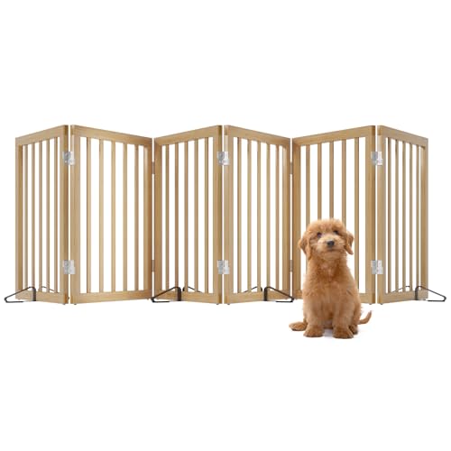 Extra Wide Dog Gates for Doorways, Bamboo Dog Gates for the House Stairs, Freestanding Pet Gates for Dogs, Doogie Puppy Fence Gate - color: Bamboo Dog Gate Natural, size: 6 Panel - 110 inches Wide