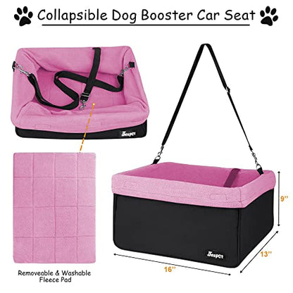 JESPET & GOOPAWS Dog Booster Seats for Cars, Portable Dog Car Seat Travel Carrier with Seat Belt for 24lbs Pets (Pink-16 L x 13" D x 9" H)