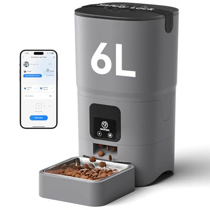 PAPIFEED Automatic Cat Feeder with App, 2.4G WiFi Cat Food Dispenser, 6L Timed Cat Feeders for Dry Food, 10 Meals/Day, 12 Portions/Meal, Dual Power Supply Smart Pet Feeder for Small Dog, Grey - color: Grey