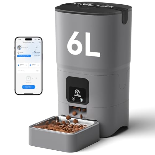 PAPIFEED Automatic Cat Feeder with App, 2.4G WiFi Cat Food Dispenser, 6L Timed Cat Feeders for Dry Food, 10 Meals/Day, 12 Portions/Meal, Dual Power Supply Smart Pet Feeder for Small Dog, Grey - color: Grey
