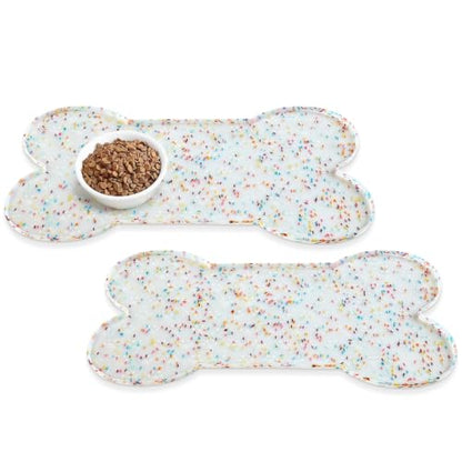 PWTAA Dog Food Mat Anti-Slip Silicone Dog Bowl Mat Thicker Pet Placemat Waterproof Cat Feeder Pad with Raised Edge Puppy Kitten Feeding Mats Suitable Small Medium-Sized Dogs Cats Eating Tray - 2PCS - color: Donut White, size: 19.4" x 9.8"-2PCS