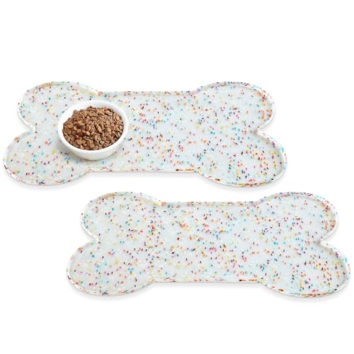 PWTAA Dog Food Mat Anti-Slip Silicone Dog Bowl Mat Thicker Pet Placemat Waterproof Cat Feeder Pad with Raised Edge Puppy Kitten Feeding Mats Suitable Small Medium-Sized Dogs Cats Eating Tray - 2PCS - color: Donut White, size: 19.4" x 9.8"-2PCS