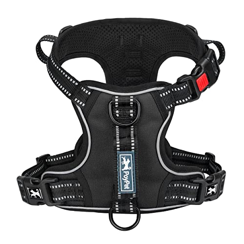 PoyPet No Pull Dog Harness, No Choke Front Clip Reflective Dog Vest with Soft Padded Vertical Handle, 3 Leash Attachments for Small Medium Large Dogs (Black,M) - color: Black, size: Medium