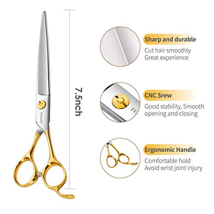Professional Dog Grooming Scissors Straight 7.5" Pet Grooming Shears for Cutting Small Dogs Cat Thick Hair Japan 440C Stainless Steel Right Handed(7.5in Straight, Gold) - size: 7.5 inch, style: Straight