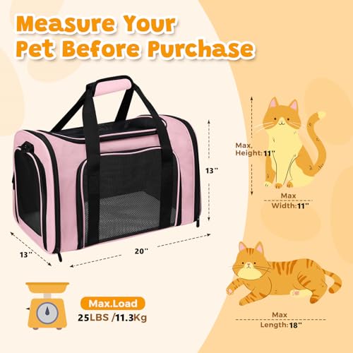 Soft Sided Pet Carrier - TSA Approved Collapsible Waterproof Travel Carrier for Small/Medium Cats Dogs Puppies (Up to 25lbs) - Pink - color: Pink, size: 20"L x 13"W x 13"H