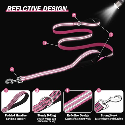 Hikiko Heavy Duty Dog Leash Strong Two Padded Soft Handles Dog Leash for Medium and Large Dogs (Pink,5FT) - color: Pink, size: 1 in x 5 ft