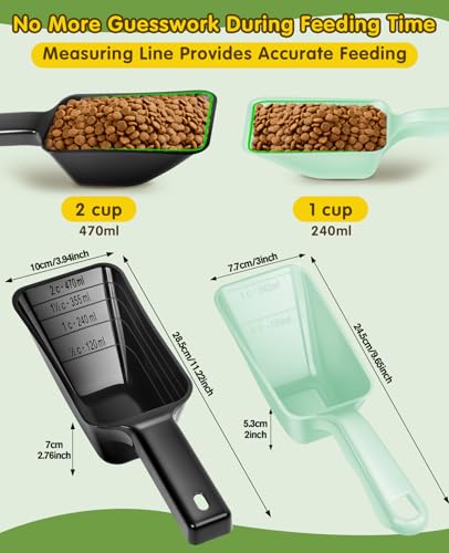 2 Pack Dog Food Scoop with 1 Cup and 2 Cup Capacity, Plastic Pet Food Measuring Scoops with Clear Measurement Lines for Dogs, Cats & More,Dishwasher safe (Green and Black) - color: Green and Black
