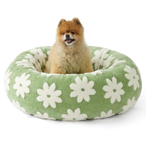 LE SURE Shown on TV Donut Small Dog Bed - Round Cat Beds Indoor Calming Gift for Pets, Cute Modern Beds with Jacquard Shaggy Plush & Anti Slip Bottom, 27 Inch, Green - color: Flower Garden Green, size: 27.0"L x 27.0"W x 8.0"Th
