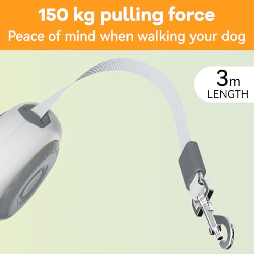 12 Feet Retractable Dog Leash, Nylon Tape Lead for Small Dogs up to 26 lbs, One-Handed Brake and Pause Function(Hamburger Grey) - color: Grey