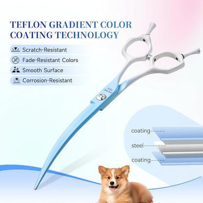 7'' Curved Dog Grooming Scissors Blue to White Gradient | 440C Stainless Steel, Sharp Durable, Professional or Home Use, Ergonomic Handle with 2 Silicone Finger Rings - color: Blue