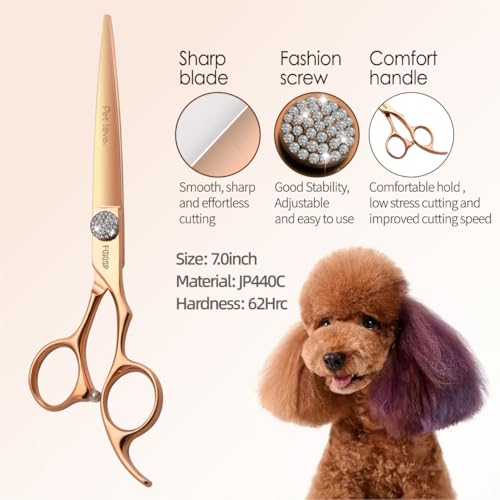7'' Dog Grooming Scissors Set Rose Gold Titanium 4PCS Curved Thinning Straight Chunkers Shears Kit with White Artificial Diamonds Ergonomic Offset Handle Japan 440C Sharp and Durable - size: 7.0 inch, style: Dog Scissors Kit