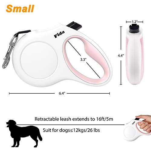Fida Retractable Dog Leash for Small Breed up to 26 lbs, 16 ft Pet Walking Leash with Dispenser and Poop Bags, Anti-Slip Handle, Reflective Strong Nylon Tape, One-Handed Brake (S, White & Pink) - color: White, size: Small, 16ft