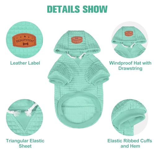 BEAUTYZOO Small Dog Hoodie Sweater with Pockets, Dog Clothes for Small Medium Dogs Boy Girl, Waffle-Like Laminated Cotton Pet Coats with Hat and Leash Hole, Mint Green XS - color: Mint Green, size: XS (Back: 10",Chest: 14", Neck: 8.7")