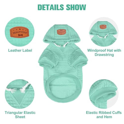 BEAUTYZOO Small Dog Hoodie Sweater with Pockets, Dog Clothes for Small Medium Dogs Boy Girl, Waffle-Like Laminated Cotton Pet Coats with Hat and Leash Hole, Mint Green XS - color: Mint Green, size: XS (Back: 10",Chest: 14", Neck: 8.7")