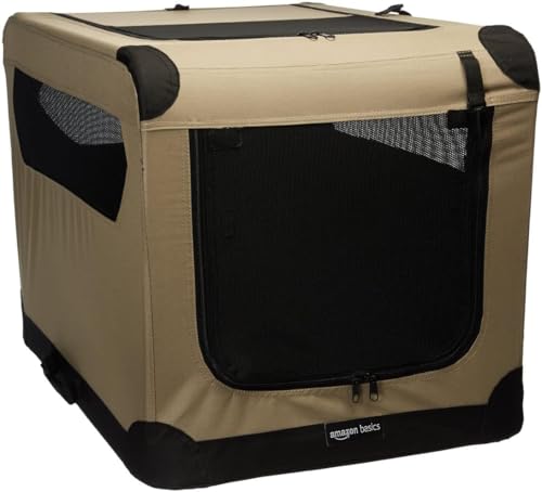Amazon Basics Portable Folding Soft Dog Crate, Double Door, Collapsible Travel Kennel, Easy to Assemble, Medium, 29.92" x 21.3" x 21.3", Tan - color: Tan, size: M 30" x 21" x 21"