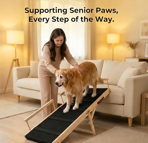 Wooden Dog Ramp for Bed – Folding Pet Ramp for Couch | Collapsible Wooden Pet Ramp, 4 Adjustable Heights, Non-Slip High Traction Fabric Surface, Portable Solid Pine Wood Steps - size: Large