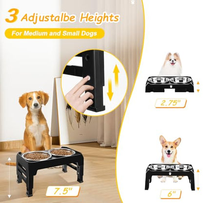 Elevated Dog Bowls 3 Height Adjustable Raised Bowl Stand with 25oz Stainless Steel Dog Food Bowls Anti-Slip for Small Dogs Adjusts to 7.5", 6", 2.75", Black - color: Black, size: Small dogs