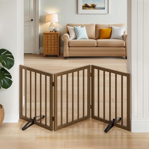 Dog Gate for Stairs,Foldable Dog Gate for Indoor Doorways House,Freestanding Pet Gates for Dogs,Doogie Puppy Fence Gate - color: Black Walnut, size: 3 Panel - 55 inches Wide