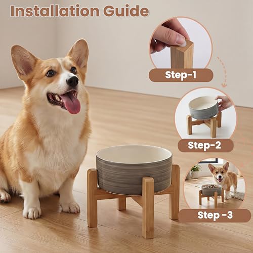 hjn Elevated Ceramic Dog Bowl with Bamboo Stand, Raised Pet Feeding Station for Small Medium Dogs Cats, Modern Design with Anti-Slip Base (White Gray, 3.6Cup) - color: White Gray, size: 3.6Cup