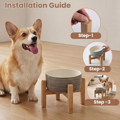 hjn Elevated Ceramic Dog Bowl with Bamboo Stand, Raised Pet Feeding Station for Small Medium Dogs Cats, Modern Design with Anti-Slip Base (White Gray, 3.6Cup) - color: White Gray, size: 3.6Cup