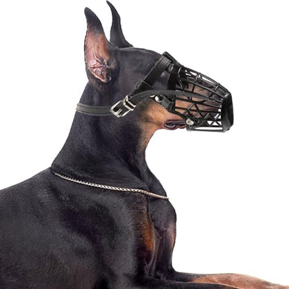 UKCOCO 1set Plastic Basket Dog Muzzle with Adjustable Pu Leather Strap Breathable Mouth Cover for Biting Barking Chewing Control Lightweight Black Masks for Large Dogs