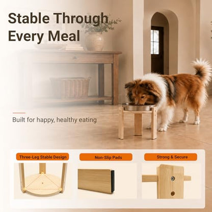 Elevated Slow Feeder Dog Bowl for Medium Dogs, Adjustable Raised Dog Bowl Stand with Stainless Steel Slow Feed Bowl, Reduces Choking & Improves Digestion, Non-Slip Bamboo Stand - color: natural