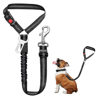 Dog Seat Belt, Adjustable Dog Safety Belt Leash, 2 in 1 Latch Bar Attachment Dog Car Seatbelt with Elastic Nylon Bungee Buffer Reflective Connect to Dog Harness（43in*0.98in） (Dark Blue) - color: Dark Blue