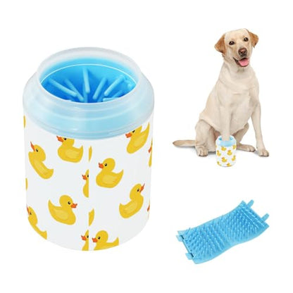 Duck White Print Dog Paw Cleaner Cup with Soft Silicone Brush, Small Lightweight Portable Muddy Paw Washer for Dogs, Easy to Use Pet Foot Cleaner