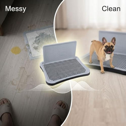 Dog Toilet with Wall, 20.1 x 15.7 x 1.6 in Black Plastic Training Potty Tray for Indoor Pee Pad Station, Removable Grid and Elevated Splash Guard, Suitable for Various Breeds